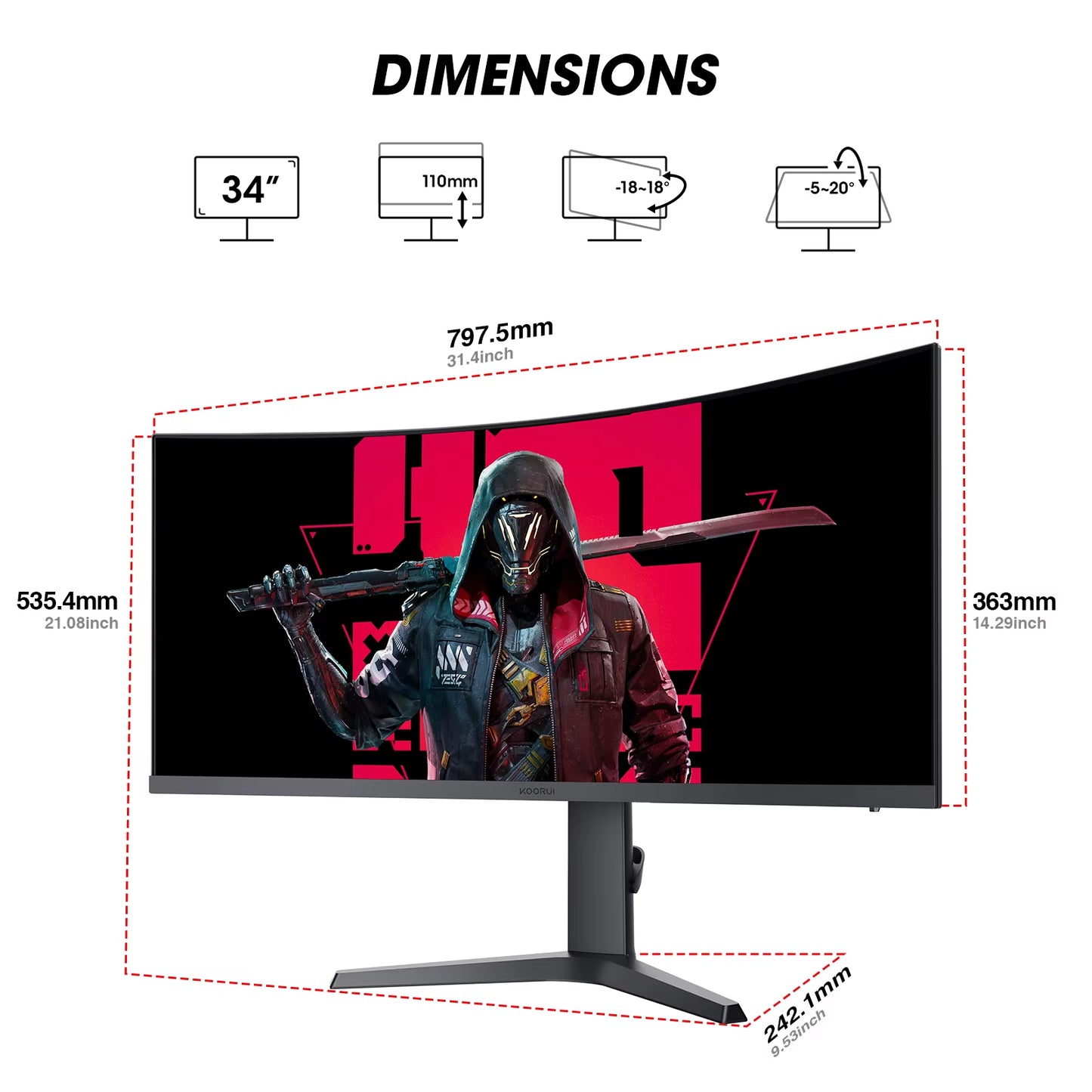 KOORUI 34-Inch Curved Ultrawide WQHD Gaming Monitor 180Hz 1000R 1Ms MPRT HDR400 DCI-P3 95% Freesync Premium 1 DP 1.4 2 for HDMI
